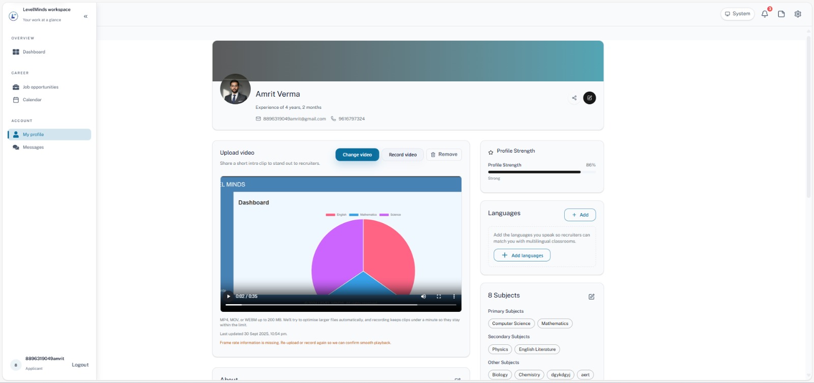 Candidate profile with teaching evidence